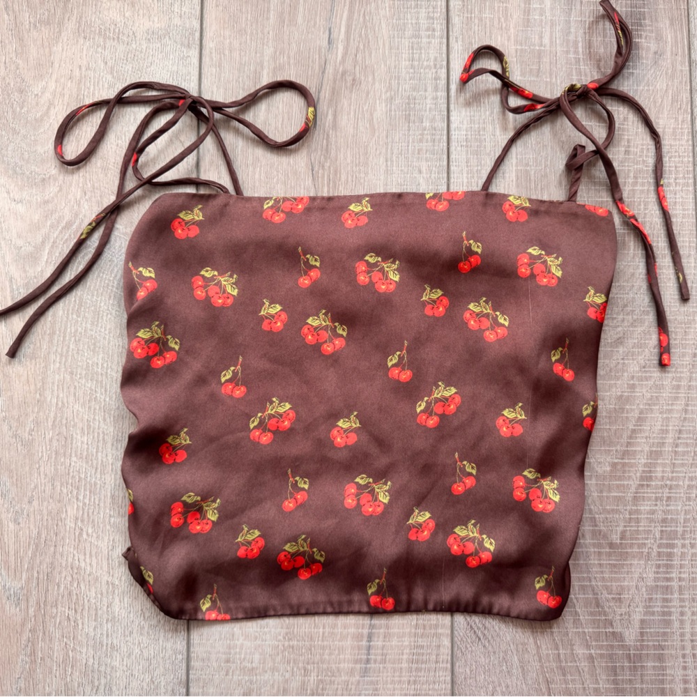 Urban Outfitters Silky Brown and Red Cherry Crop Top Summer Sexy Beach Party